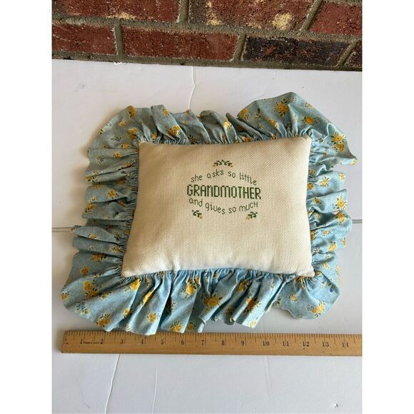 Grandmother cross stitch pillow blue yellow 14"x13" - Picture 3 of 6